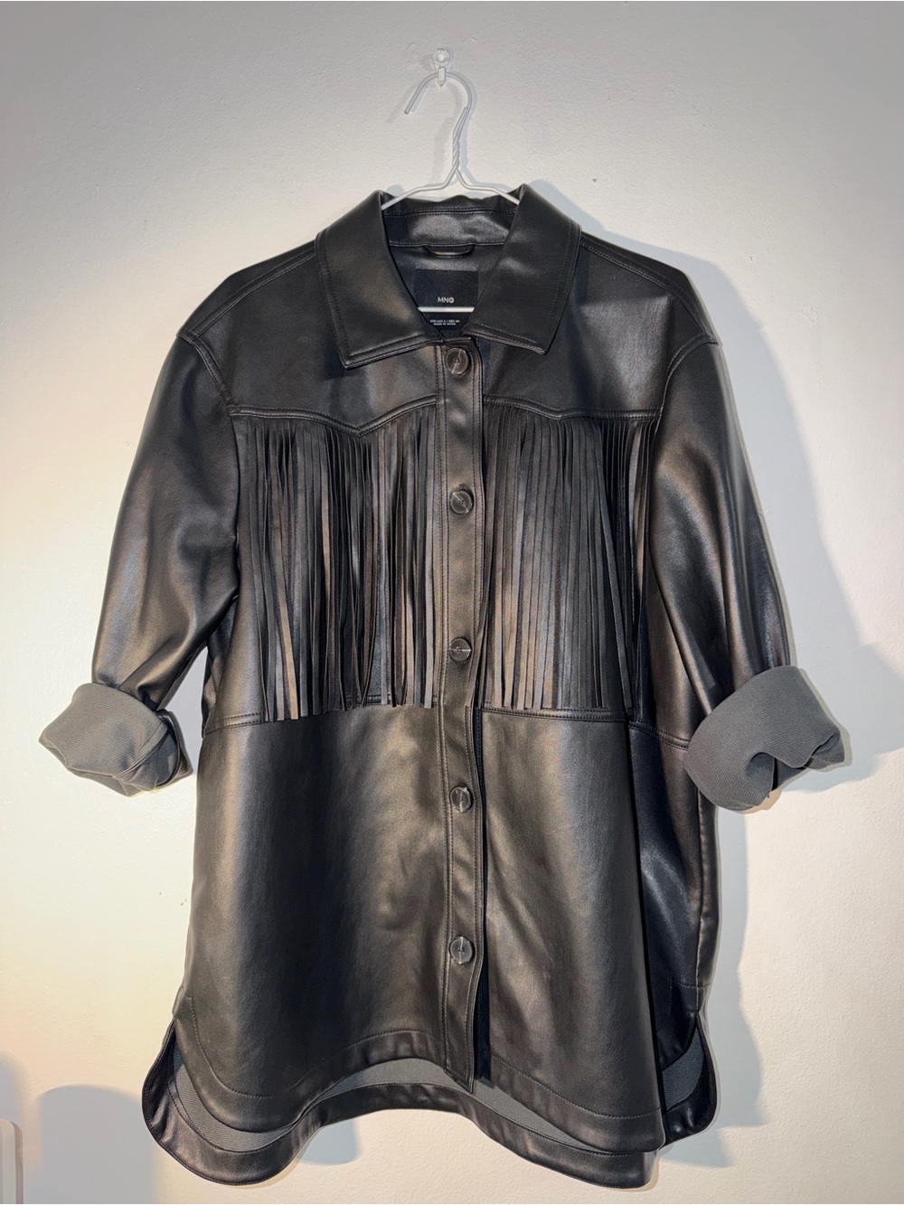 Mango Black Faux Leather Fringe Jacket